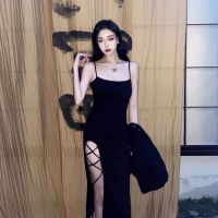 21性感女人味弹力高开叉绑带连衣裙修身显身材吊带裙包臀显瘦长裙 黑色 S