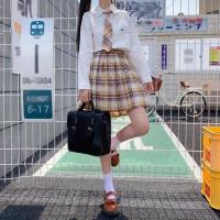 小清新套装女2021夏季新款衬衫短袖jk制服高腰百褶裙半身裙两件套 黄色格子裙 S