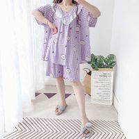 人造棉绸家居服加大码超薄花边短袖短裤睡衣套装夏孕妇胖mm200斤 香芋紫樱桃熊 4XL[建议体重140-200斤]