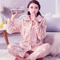 睡衣女秋冬季加厚珊瑚绒长袖家居服法兰绒春秋中老年大码套装冬 绵花-女款 M