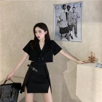 2021夏季新款韩版黑色短款西装上衣套装+裙子女开叉半身裙两件套 图片套装 S