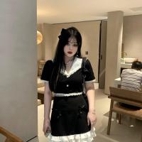 黑泽玄七微胖mm2021夏季新款娃娃领衬衫高腰显瘦短款半身裙套装女 黑色上衣 M