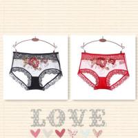 性感蕾丝刺绣内裤火辣诱惑超薄透气三角裤‬中腰纱网无痕提臀女裤 黑色+大红色 M 80-120斤