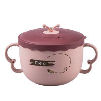 304不锈钢碗隔热防摔双层碗学生吃饭碗家用面条碗米饭碗带勺 珊瑚粉(900ml)