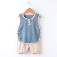 [爽身/凉爽]儿童夏季衣服男童背心套装女宝宝短袖套装T恤灯笼裤 琵琶套装-墨兰色 73 建议身高66-73cm