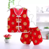 婴儿绵绸衣服男孩人棉唐装夏天薄款男宝宝中国风背心短裤两件套装 灰色 唐装红底福字 80 偏小可开裆12-17斤
