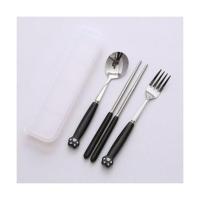 可爱陶瓷不锈钢餐具三件套户外旅游便携筷子勺子叉子学生餐具套装 黑猫爪筷勺叉3件套带黑盒