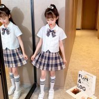 女童jk制服套装2021新款中大童夏装洋气短袖套裙儿童学院风百褶裙 咖啡色 小熊的裙 110