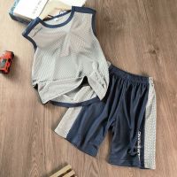 男童速干背心套装夏款2021儿童球衣速干短裤中大童网眼无袖T恤薄 灰色网眼套装 超薄,透气 110cm 建议105cm-