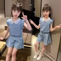 女童夏装3-14岁儿童短袖五分裤短裤套装小女孩夏季裙裤两件套洋气 小飞袖牛仔裙裤套装 110 码适合身高100-105C