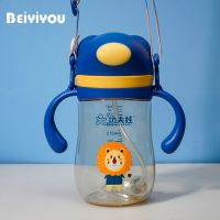 PPSU吸管杯大宝宝奶瓶喝奶防摔婴儿学饮杯鸭嘴吸管式两用儿童水杯 蓝色狮子(PPSU300ML)