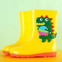 儿童雨鞋男女中大童宝宝雨靴水桶鞋学生防滑胶鞋小孩水鞋加绒保暖 黄色恐龙 内长15.5cm