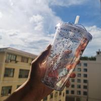 冰杯水杯杯子女学生韩版高颜值可爱ins带灯星际太空宇航员塑料杯 卡通推片杯 单杯