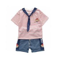 儿童卡通套装兄妹装夏季男女童条纹短袖T恤+短裤两件套学院风裙子 领带条纹t+短裤 100cm