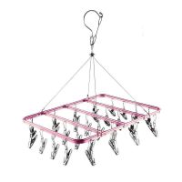 铝合金晾衣架夹子晒袜子衣架多功能防风袜子架不锈钢加粗多夹子 小方16夹玫瑰金