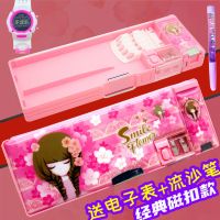 一键变形密码锁笔袋女生女孩笔袋学生文具盒多功能大容量铅笔盒 双面经典-磁扣款-854粉色 ---(-无赠品-)---