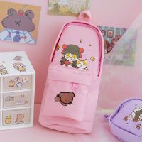 盐系帆布笔袋女简约可爱大容量文具盒ins潮小学生男生创意铅笔盒 粉色[小亚朵和小猫]