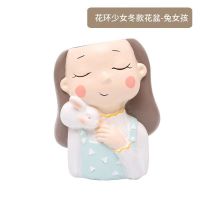 欧式创意家居客厅玄关树脂仙女花盆ins多肉植物盆栽摆件装饰品 花环少女冬款花盆-兔女孩 树脂