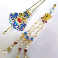 耳挖簪汉服发饰流苏步摇景泰蓝古典新娘秀禾头饰 长约16CM,流苏长约15CM 景泰蓝,红玛瑙,蓝紫幻彩珠子,仿珍珠