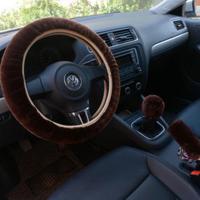 方向盘套汽车把套冬季羊毛绒保暖通用方向盘套三件套档位套手刹套 纯色款+咖啡色 [单根方向盘套]