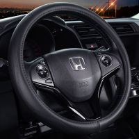 本田方向盘套真牛皮CRV雅阁皓影冠道URV缤智XRV飞度享域专用把套 本田crv 圆形 黑色 黑线