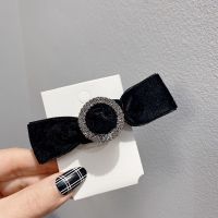 黑色丝绒蝴蝶结发夹复古珍珠镶钻一字夹边夹少女刘海夹子头饰发卡 主图款一个