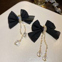 超仙网纱蝴蝶结耳环女长款气质水晶流苏耳饰高级大气设计感耳钉潮 黑色网纱蝴蝶结水晶