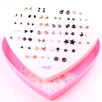 耳钉女气质韩国简约时尚潮流小耳钉耳环一盒学生防过敏耳环 36对金银黑混