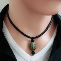 天然西藏老玛瑙三眼九眼天珠吊坠情侣项链手串吊坠民族风锁骨链 绿色 皮绳绿三眼