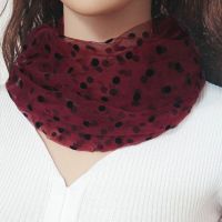 波点丝巾女蕾丝网纱长款围巾两圈套头围脖护颈小圆点百搭时尚脖套 波点酒红色