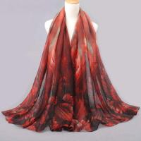 韩版棉麻围巾女保暖印花百搭披肩秋冬季新款时尚薄纱巾中老年围脖 珊瑚花枣红 长180CM宽70CM