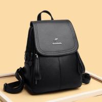 袋鼠真软皮双肩包女2020百搭妈咪包休闲防盗背包大容量旅游包书包 黑色