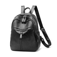 软皮质感2021新款女韩版时尚双肩包时尚学院风大容量学生妈咪背包 黑色-单包