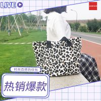 2021新款帆布豹纹手提袋大容量学生外出手拎包韩版百搭女士帆布袋 黄色豹纹手提购物袋