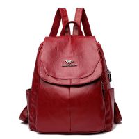 袋鼠真皮质感双肩包女2020新款时尚百搭软皮背包韩版大容量旅游包 酒红色+钱包