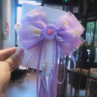 古风发饰汉服发夹流苏珍珠花朵飘带长款头饰马尾后脑勺蝴蝶结发夹 雏菊花紫色