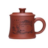 宜兴原矿紫砂杯全手工带盖水杯子刻字山水茶杯陶瓷办公功夫茶具 江南春[清水泥]