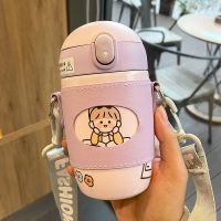 保温杯304不锈钢女学生韩版简约儿童带吸管可爱少女便携杯子保温 少女紫-300ml[送背带杯套] 单杯