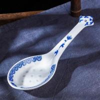 汤匙大勺大汤勺大饭勺子景德镇陶瓷青花玲珑釉下彩怀旧老式餐具 柄上带花青花玲珑大勺