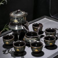 懒人自动茶具套装家用整套茶具陶瓷石磨盘自动功夫泡茶器茶壶茶杯 亮光鎏金堆花9头自动茶具