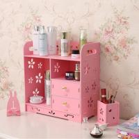 新品粉色桌面化妆品收纳盒整理浴室防水收纳架梳妆台储物柜置物架 粉色小花A款+眉笔盒