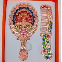 俄罗斯复古小号女化妆镜手柄镜子梳子套装随身便携折叠古风宫廷镜 玫瑰金 争奇斗艳