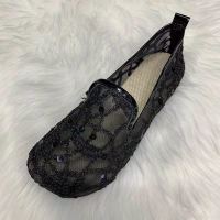 网面渔夫鞋一脚蹬懒人鞋2021新款舒适单鞋麻底平底鞋亮片女鞋休闲 黑色 标准码 35