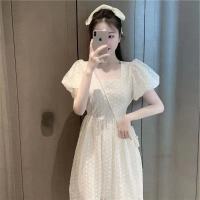 蕾丝连衣裙女夏季法式超仙方领泡泡袖露背淑女减龄收腰心机公主裙 白色 S 85-98左右