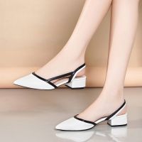 真皮中跟包头凉鞋女尖头粗跟2021新款夏季时尚外穿洋气女鞋子休闲 白色835 34