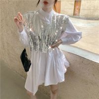 套装2020新款重工亮片披肩秋装宽松休闲长袖衬衫连衣裙女装两件套[10天内发货] 银白色亮片披肩 S