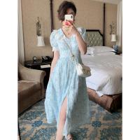 【同源店】夏日繁星亮片双色连衣裙夏装新款气质蕾丝拼接开叉裙子 浅蓝色 S 建议95斤以下