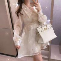 2021春新款高级感设计感法式小众显瘦小邹菊花朵刺绣亮片连衣裙女 杏色(短款) S 建议85-95斤左右