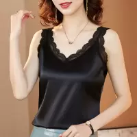 2021春夏蕾丝吊带背心女西装内搭短款醋酸缎面打底衫无袖上衣外穿 黑色 M