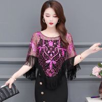 套头宽松大码蝙蝠衫女夏罩衫披肩流苏上衣蕾丝斗篷亮片防晒衣绣花 玫红色 S (适合80~100斤)